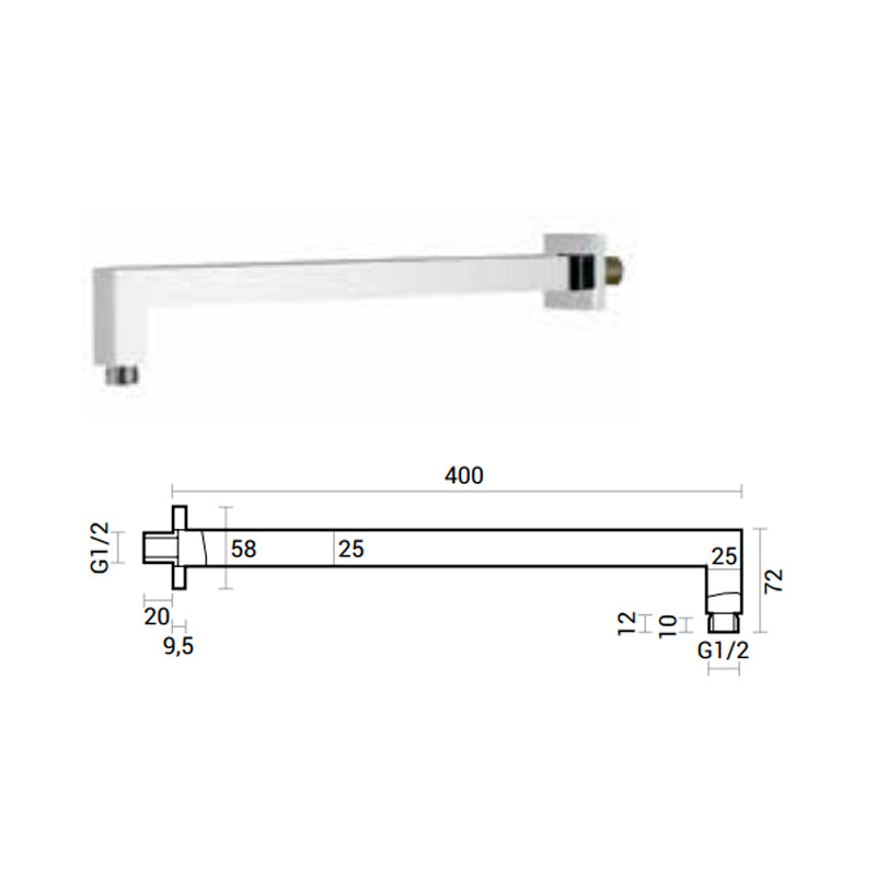 Soffione doccia quadrato in acciaio inox 20x20 spessore 4 mm completo di braccio doccia