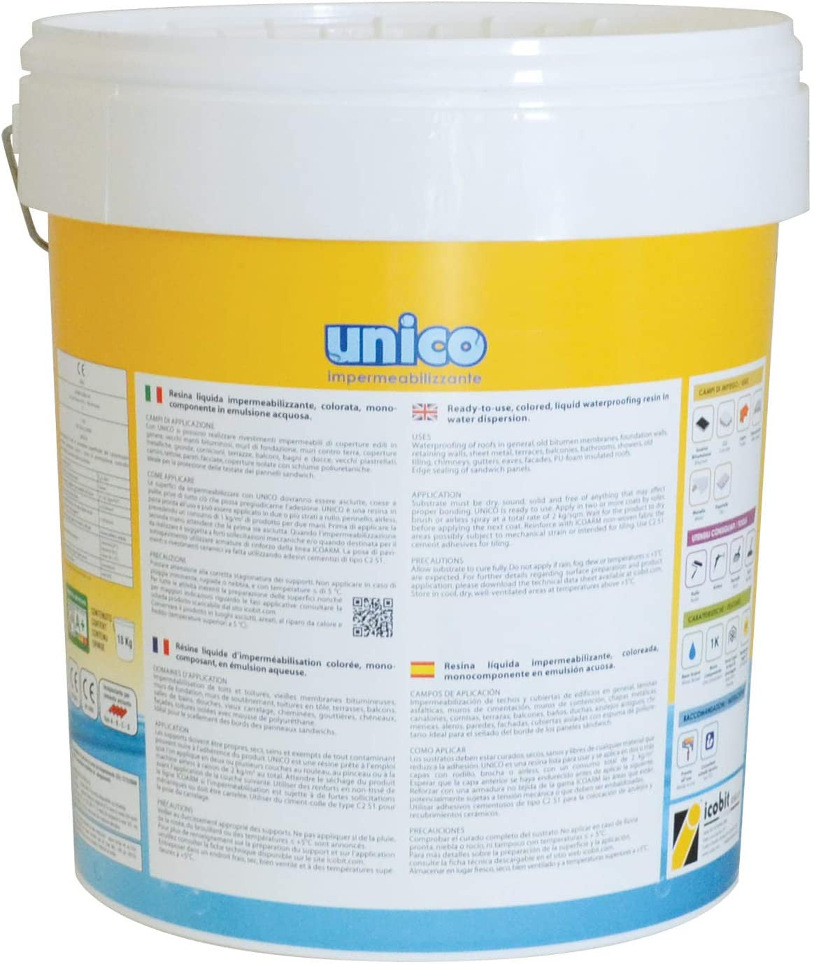 Unico 5 - Guaina Liquida Impermeabilizzante Monocomponente A Base Acqua Per Rivestimenti Protettivi Colore Bianco 5Kg - Icobit