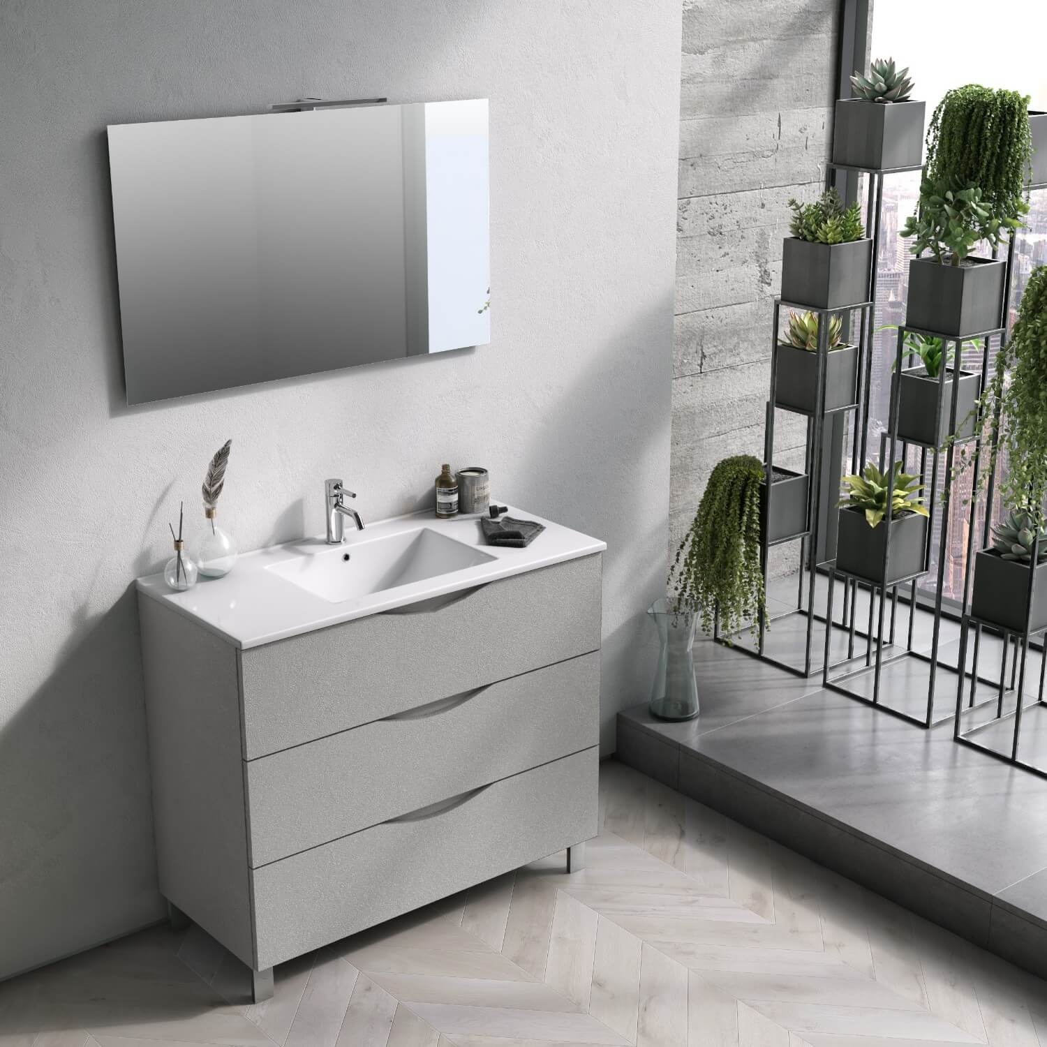 Mobile Bagno Sospeso 100 cm Lavabo Specchio e Lampada a LED TFT Marte Grigio Chiaro