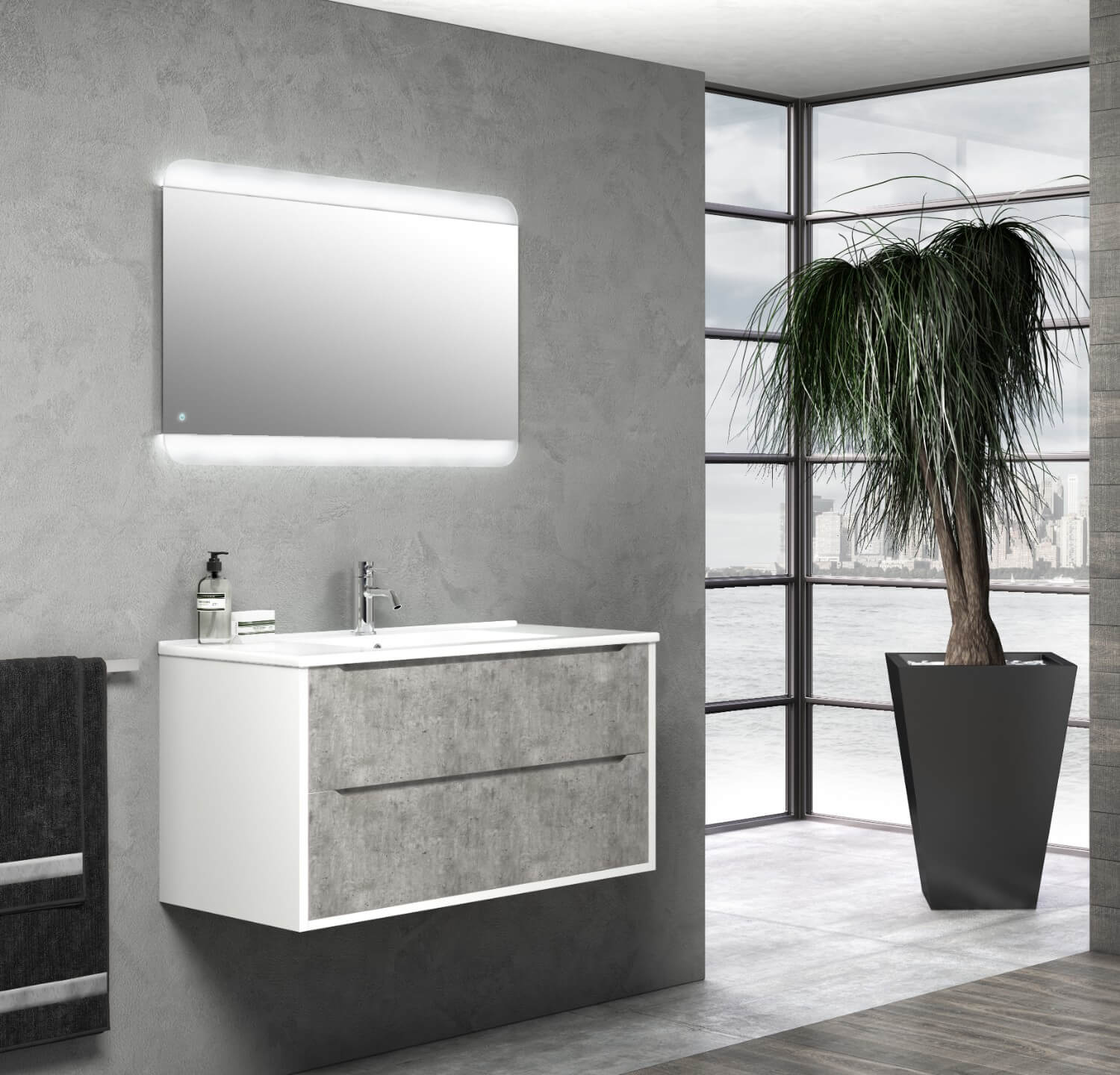 Mobile Bagno Sospeso 90 cm Lavabo Specchio e Lampada a LED TFT Belsk Bianco e Cemento