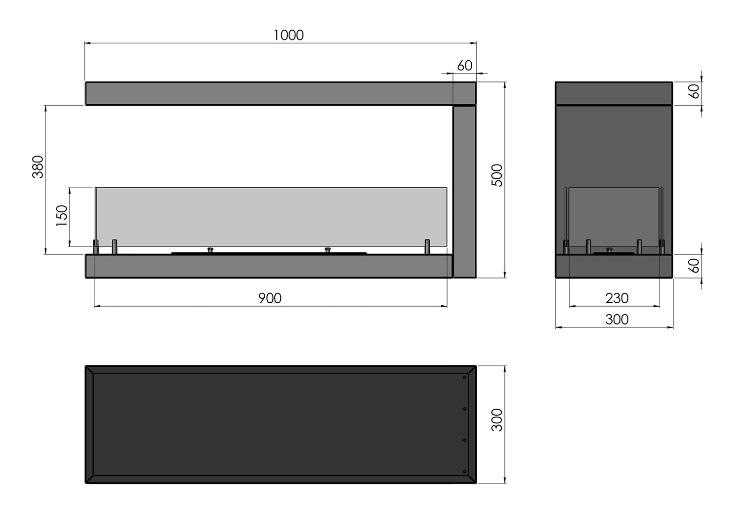 Camino a Bioetanolo Trifacciale da Incasso 100x50 cm Inside U 1000 V1 Nero con Vetro