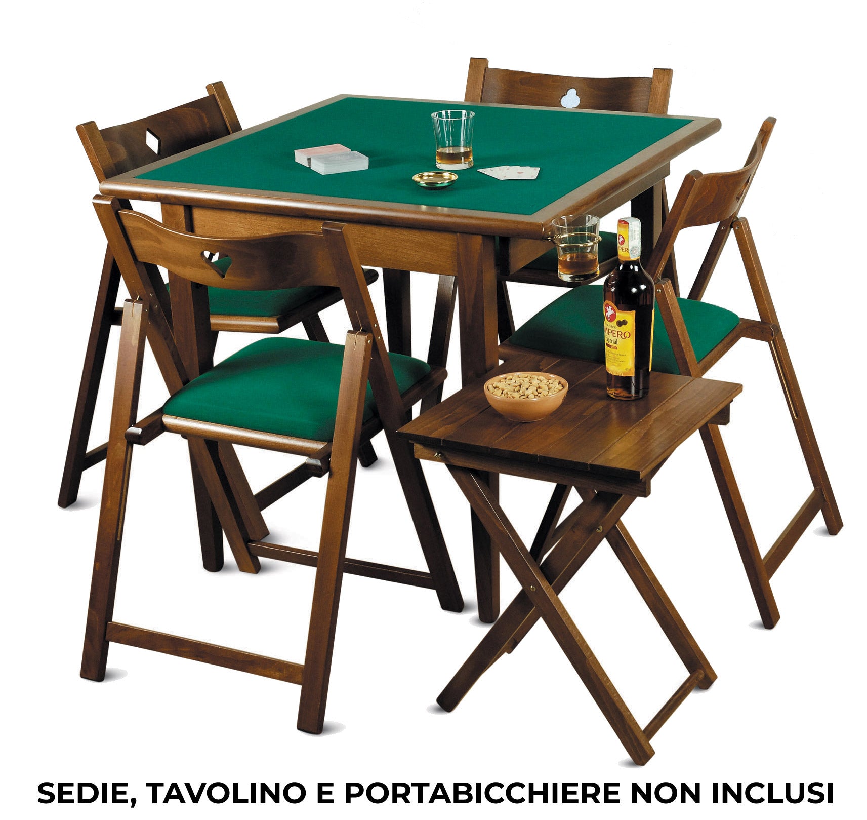 Tavolo da Gioco Quadrato Pieghevole 90x90 cm in Legno Panno Verde Del Fabbro Poker