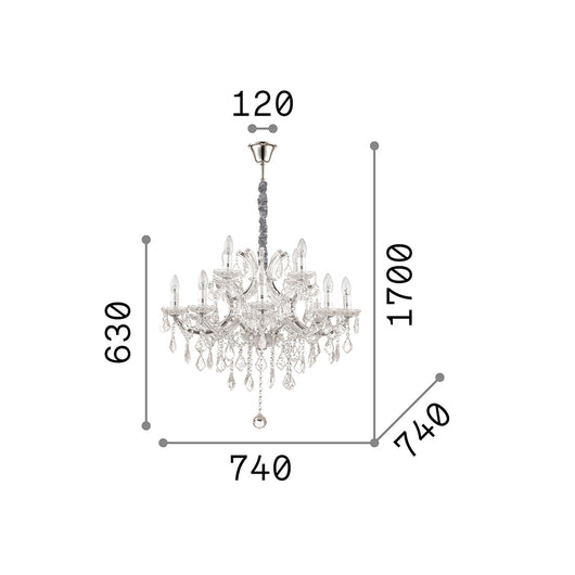 Lampadario Classico Napoleon Metallo-Cristallo Cromo 12 Luci E14