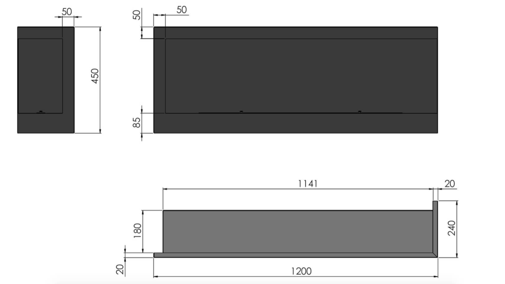 Camino a Bioetanolo da Incasso 120x45 cm Corner 1200 Right Nero