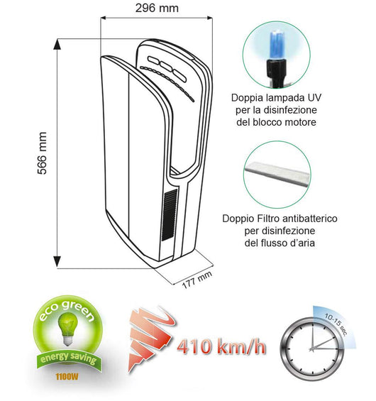 Asciugamani Elettrico con Fotocellula 1450W Vama X Dry Compact SF ABS Grigio