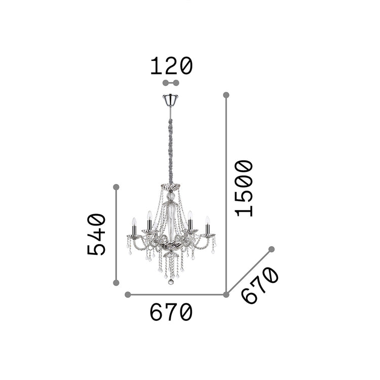 Lampadario Classico Amadeus Metallo-Cristallo Trasparente 6 Luci E14