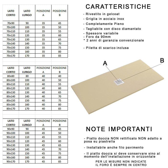 Piatto Doccia in Pietra Bonussi Ardesia Stone Central Bianco 70x90 cm