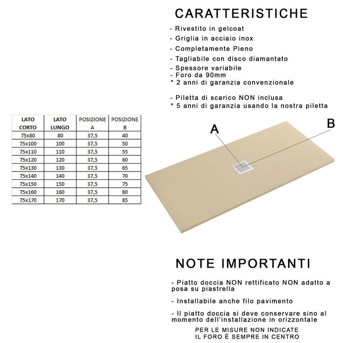 Piatto Doccia in Pietra 75x90 cm Bonussi Ardesia Stone Central Crema