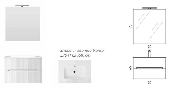 Mobile Bagno Sospeso Completo di Lavabo in Ceramica Specchio Lampada Led Bianco Opaco Cannettato - Misura 90 cm