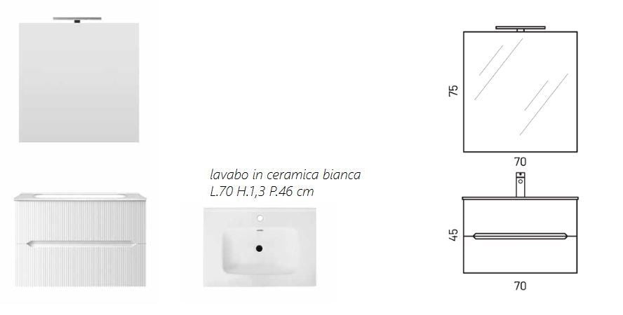 Mobile Bagno Sospeso Completo di Lavabo in Ceramica Specchio Lampada Led Bianco Opaco Cannettato - Misura 90 cm