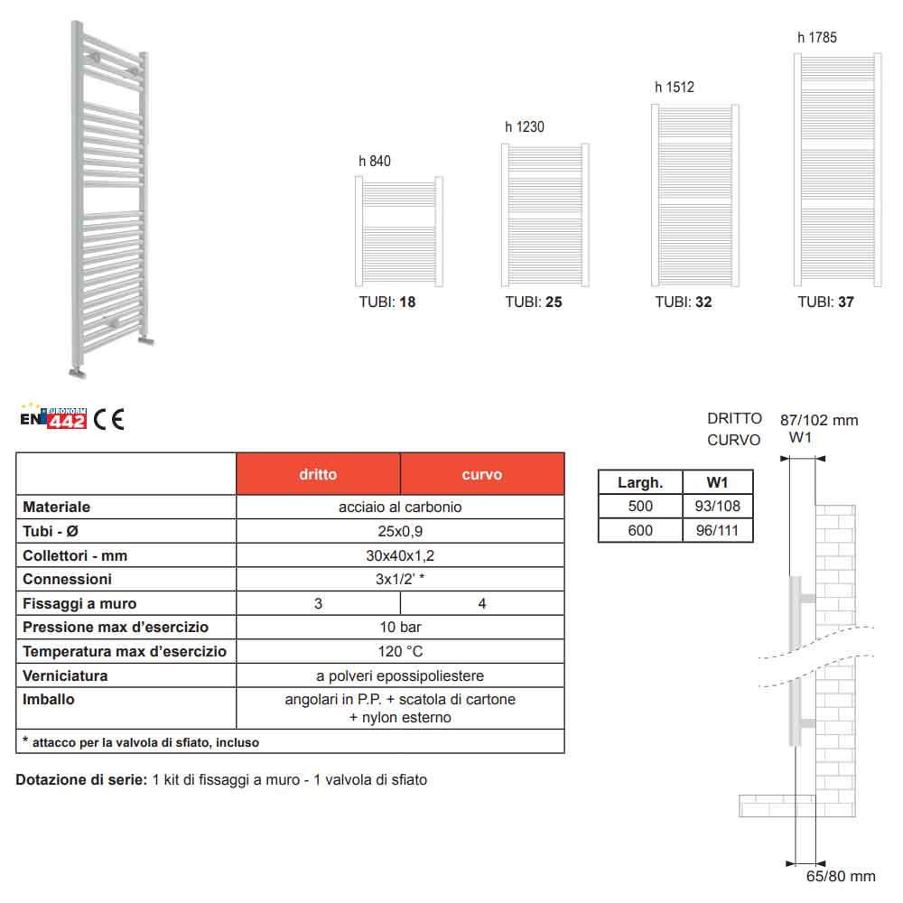 Termoarredo scaldasalviette bianco adatto per spazi piccoli 1512X400 interasse 350 