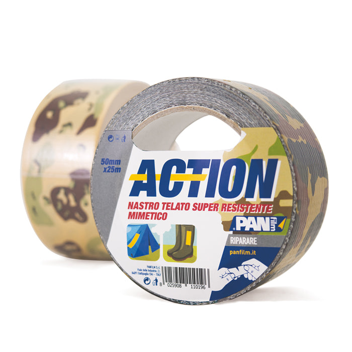 ACTION nastro mimetico 50x25 mmxmt Giungla. Nastro telato multiuso â€œmimeticoâ€, ultra resistente, utile per riparare e sigillare.