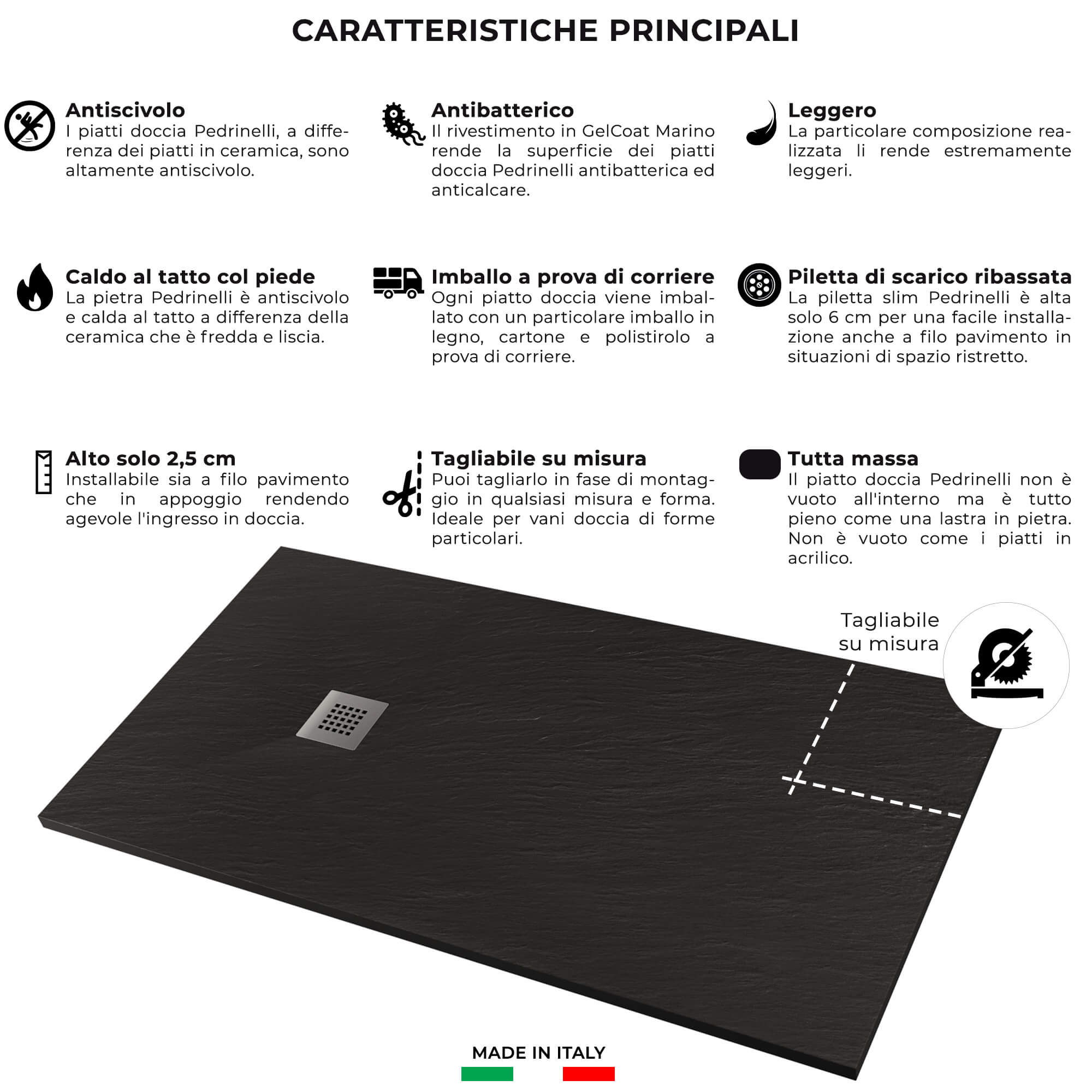 Piatto Doccia in Pietra 70x100 cm Pedrinelli Ardesia Stone Side Antracite