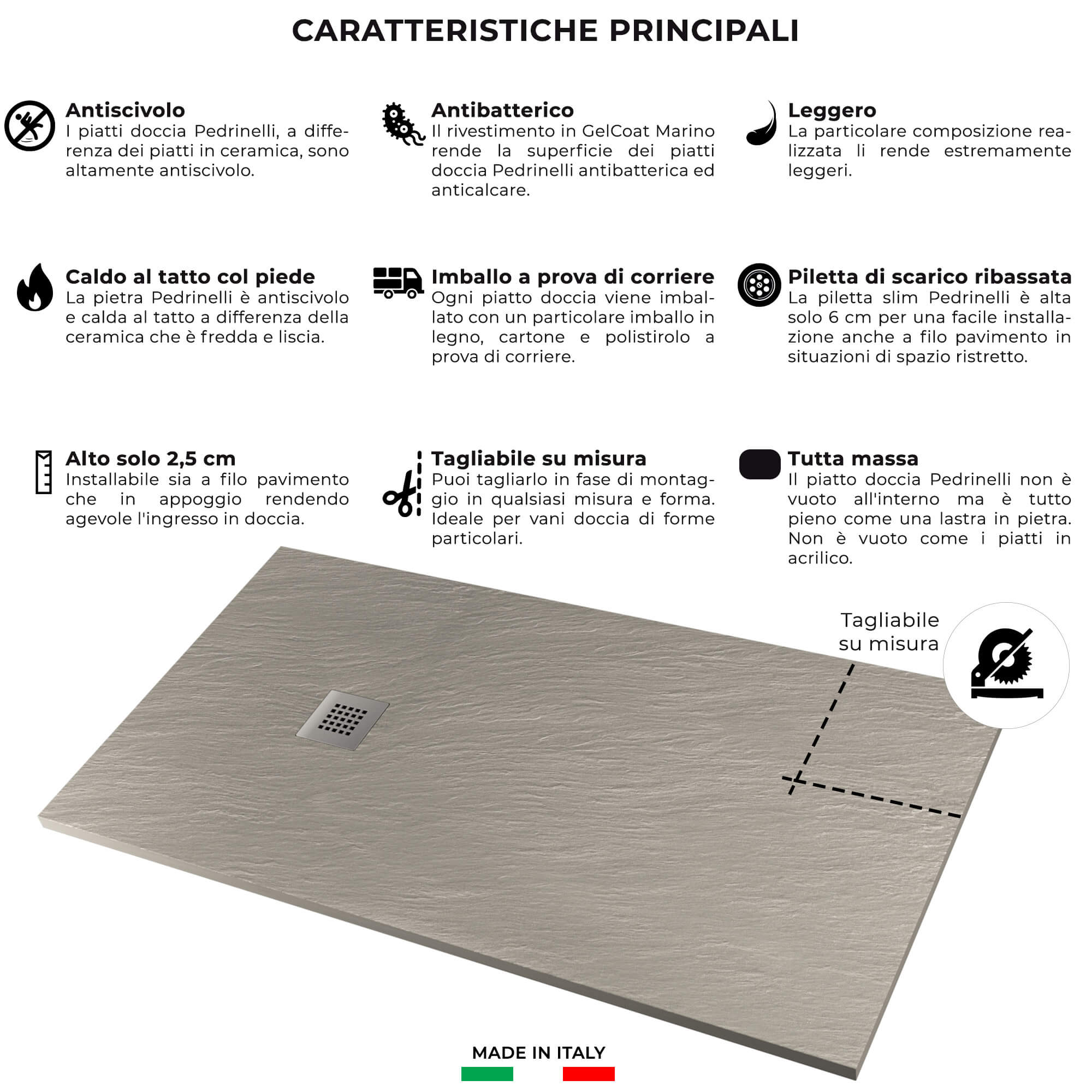 Piatto Doccia in Pietra 80x180 cm Pedrinelli Ardesia Stone Side Cemento