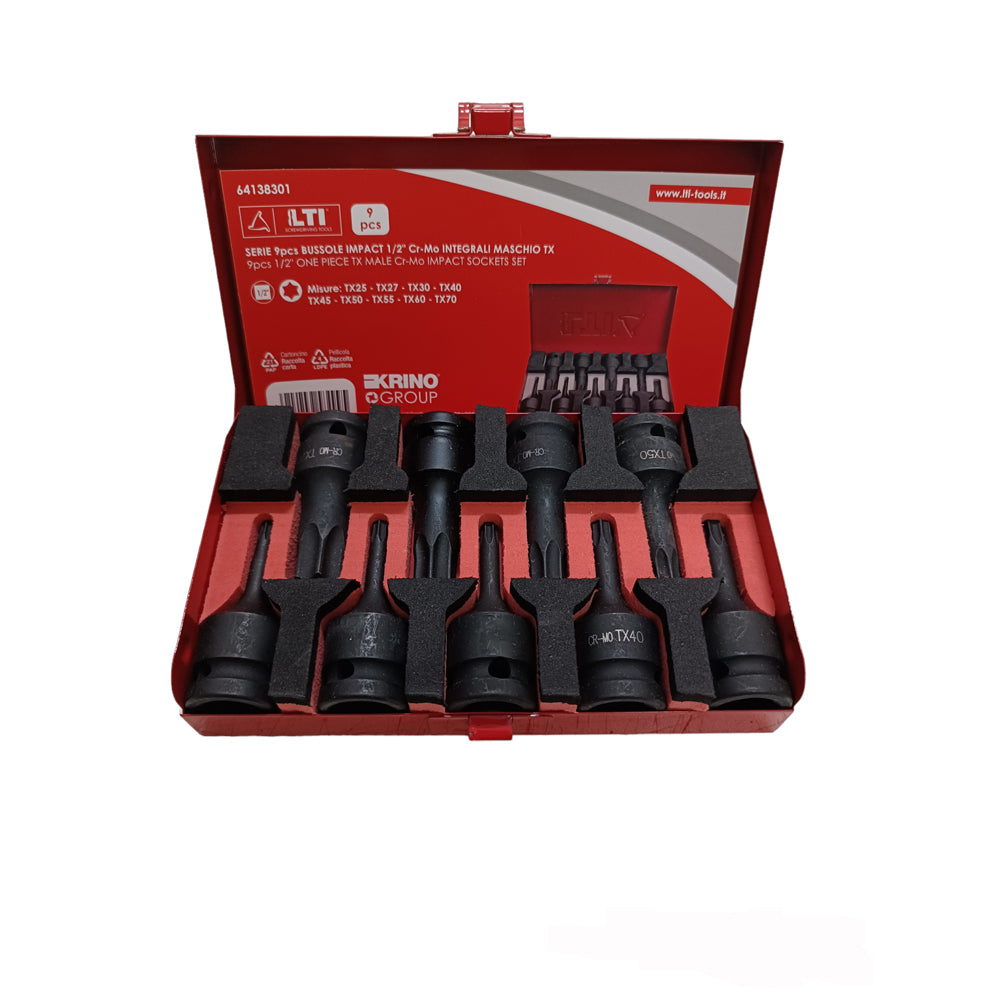 SET 9 PZ BUSSOLE A IMPATTO 1/2" INTEGRALI MASCHIO TORX MIS. TX25-TX70 Cr-Mo KRINO 64138301