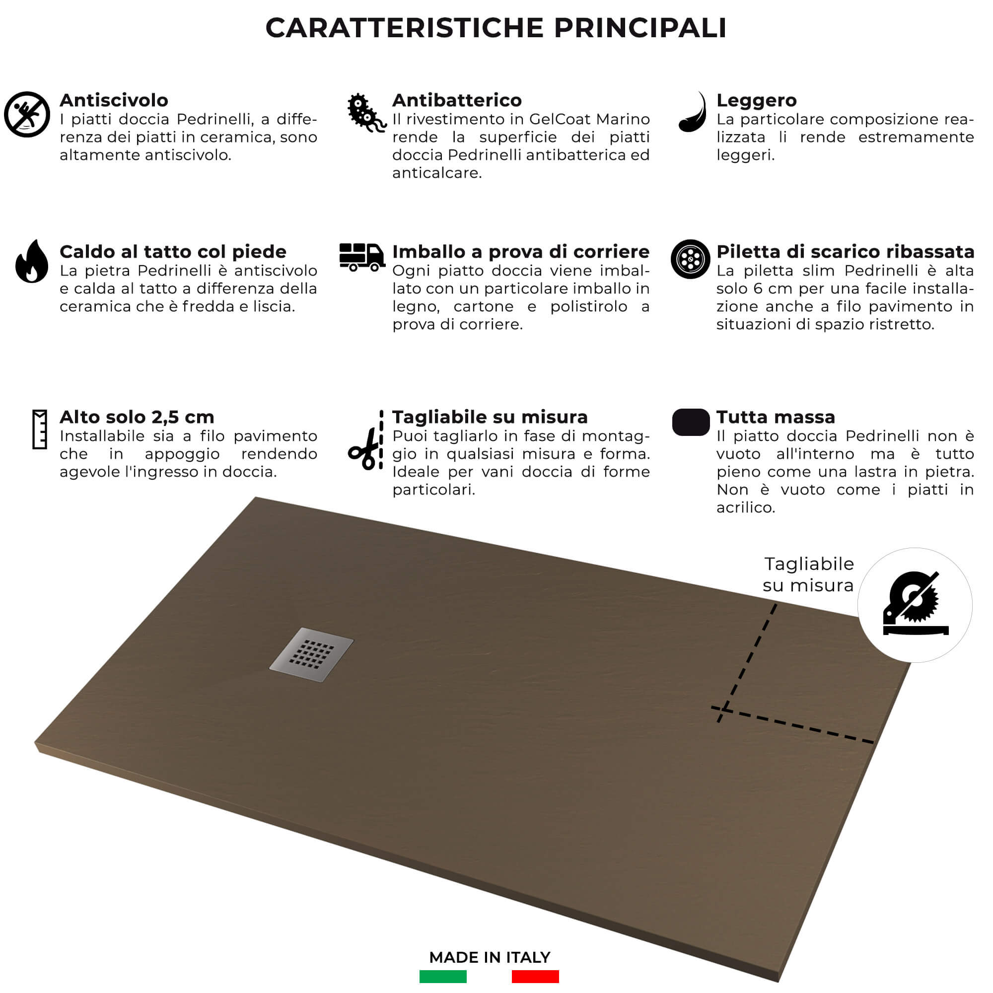 Piatto Doccia in Pietra 70x110 cm Pedrinelli Ardesia Stone Side Tortora