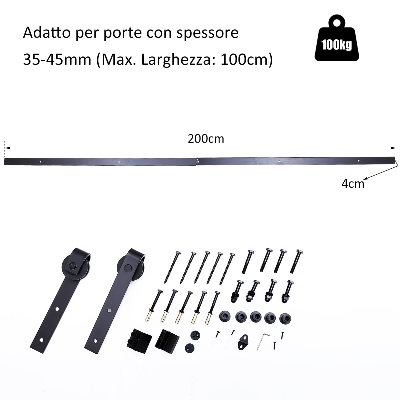 Binario per Porte Scorrevoli con Kit di Accessori in Acciaio al Carbonio 200x4x0.6 cm