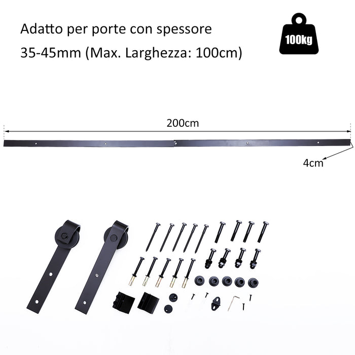 Binario per Porte Scorrevoli con Kit di Accessori in Acciaio al Carbonio 200x4x0.6 cm