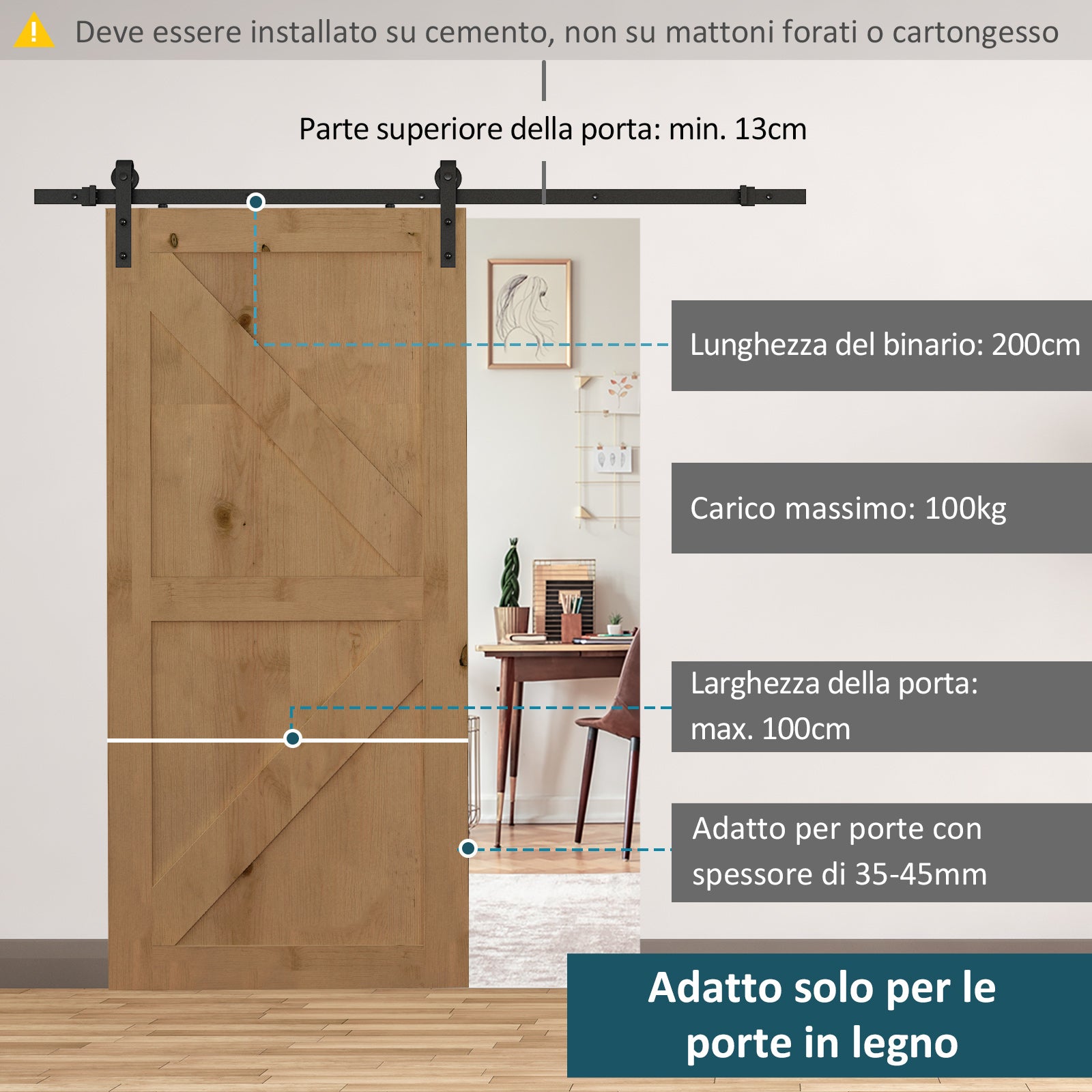 Binario per Porte Scorrevoli con Kit di Accessori in Acciaio al Carbonio 200x4x0.6 cm