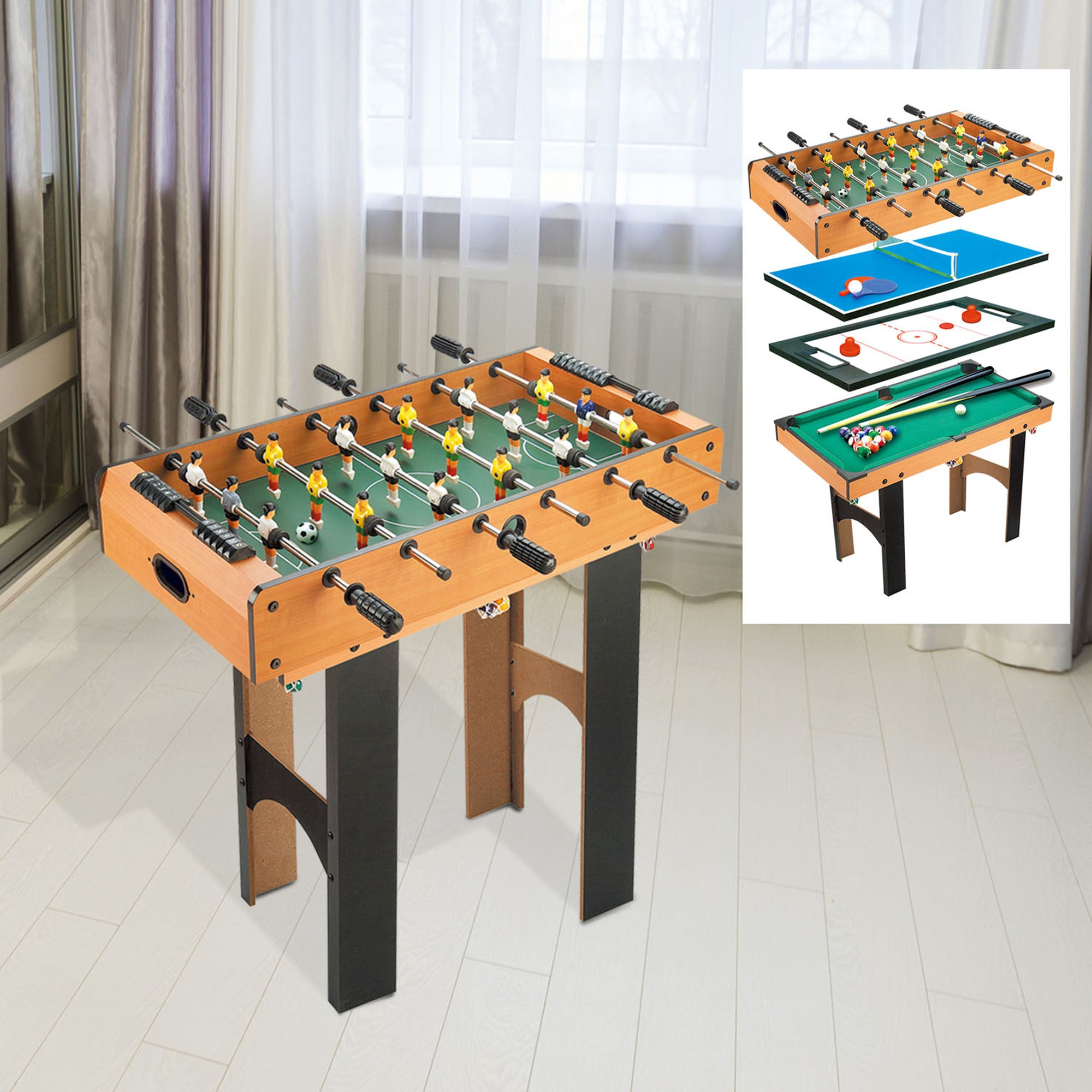 Tavolo Multi Gioco 4 in 1 Calcio Balilla Hockey Ping Pong e Biliardo in Legno MDF 87x43x73 cm