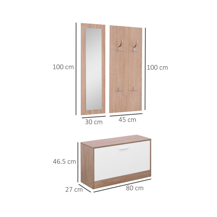 Set 3 Pezzi Scarpiera Appendiabiti Specchio da Ingresso in Legno 80x27x46.5 cm