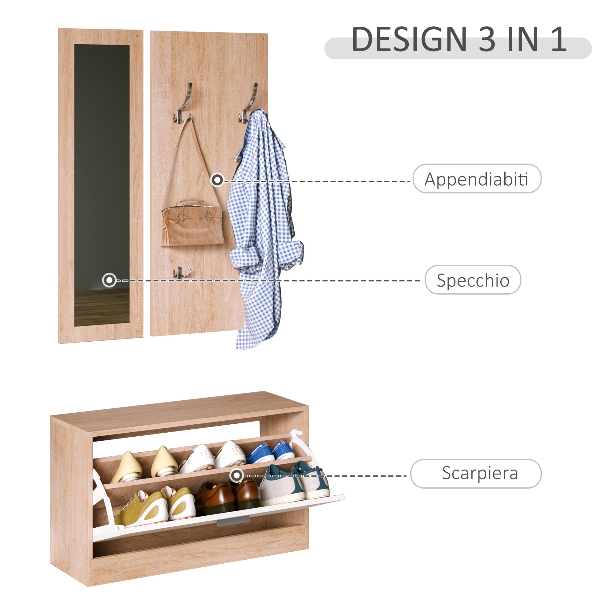 Set 3 Pezzi Scarpiera Appendiabiti Specchio da Ingresso in Legno 80x27x46.5 cm