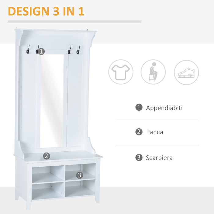 Mobile Ingresso con Appendiabiti Specchio e Scarpiera in Legno Bianco 80x40x170 cm