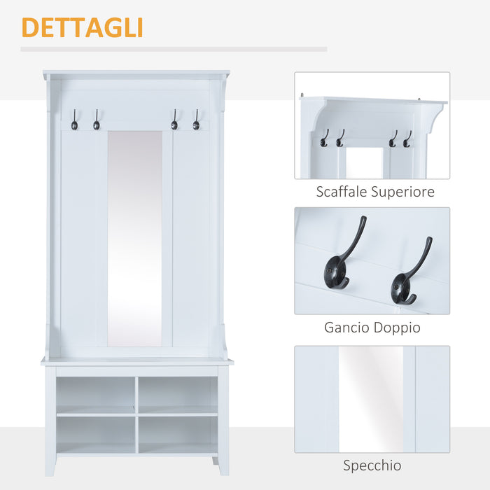 Mobile Ingresso con Appendiabiti Specchio e Scarpiera in Legno Bianco 80x40x170 cm