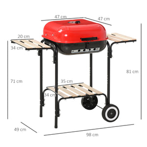 Barbecue a Carbone Carbonella con Coperchio e Ruote in Acciaio Rosso Nero