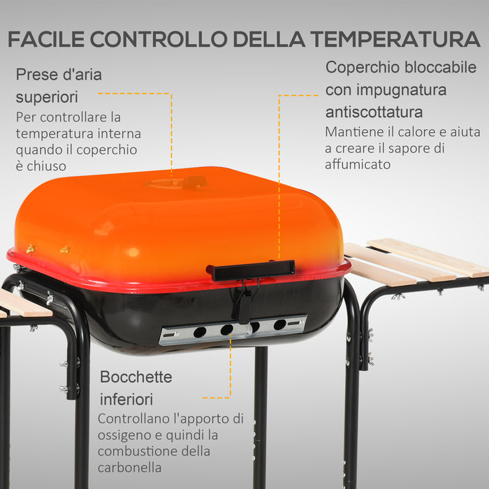 Barbecue a Carbone Carbonella con Coperchio e Ruote in Acciaio Rosso Nero