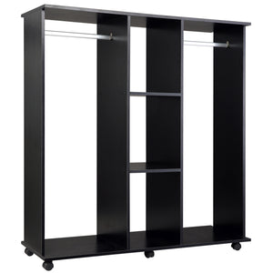 Armadio Guardaroba a 5 Ripiani con Ruote e Barre Appendiabiti in Legno e Alluminio Nero 120x40x128 cm