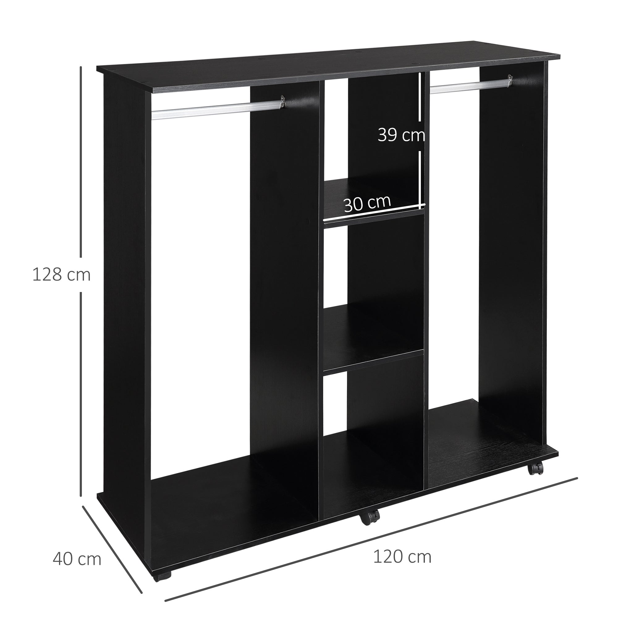 Armadio Guardaroba a 5 Ripiani con Ruote e Barre Appendiabiti in Legno e Alluminio Nero 120x40x128 cm