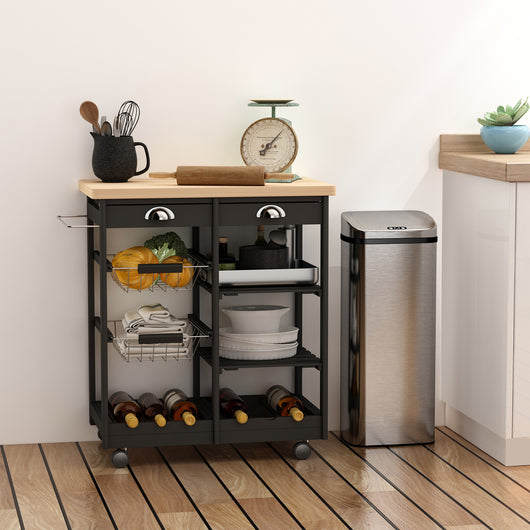 Carrello da Cucina con Cassetti e Portabottiglie Legno e Nero