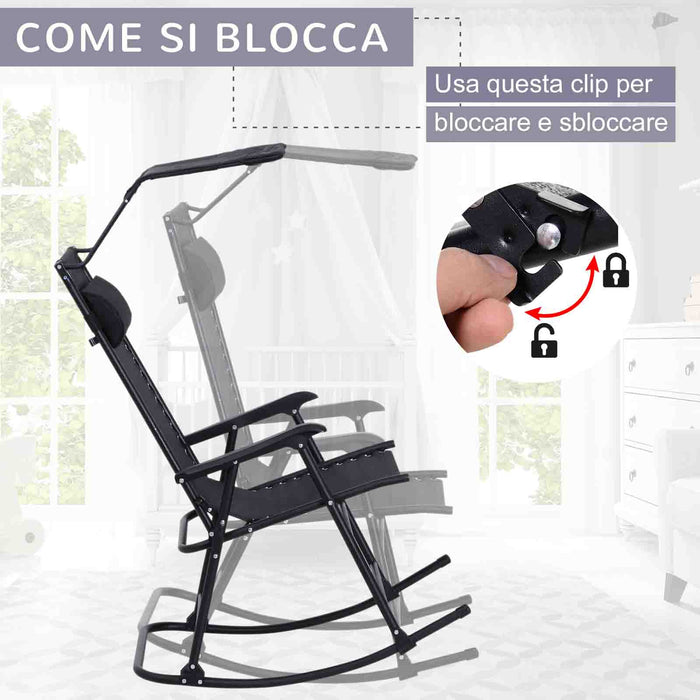 Sedia a Dondolo da Giardino Esterno con Baldacchino Nero 105x64x125 cm