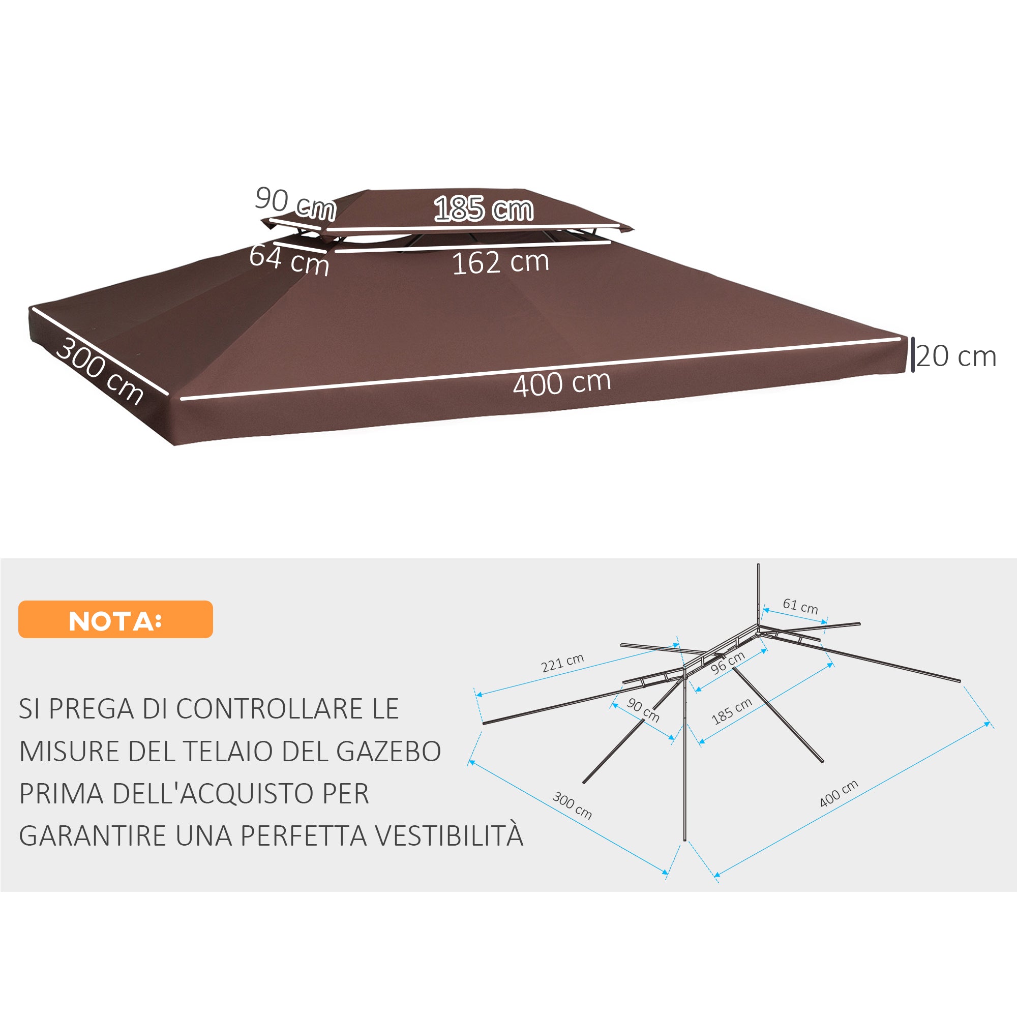 Tetto di Ricambio per Gazebo da Giardino Impermeabile Doppio Tetto 3x4m