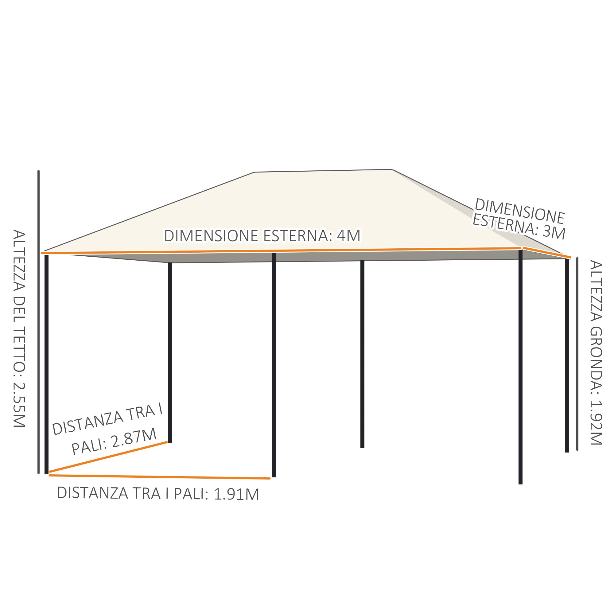 Gazebo Rettangolare con Struttura in Metallo Robusto e Teli Laterali Crema 4x3m