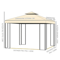 Gazebo da Giardino di Lusso 3x3m in Metallo con Zanzariera Panna