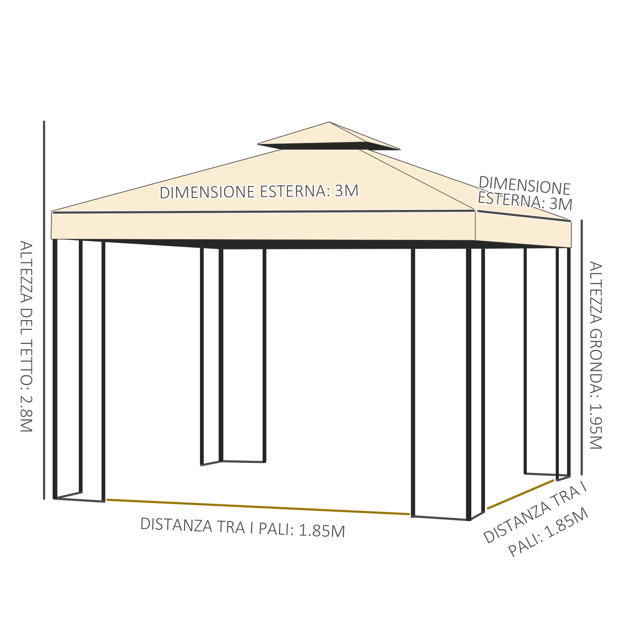 Gazebo da Giardino di Lusso 3x3m in Metallo con Zanzariera Panna