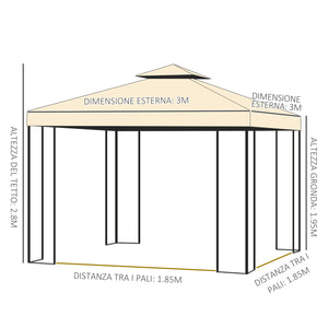 Gazebo da Giardino di Lusso 3x3m in Metallo con Zanzariera Panna