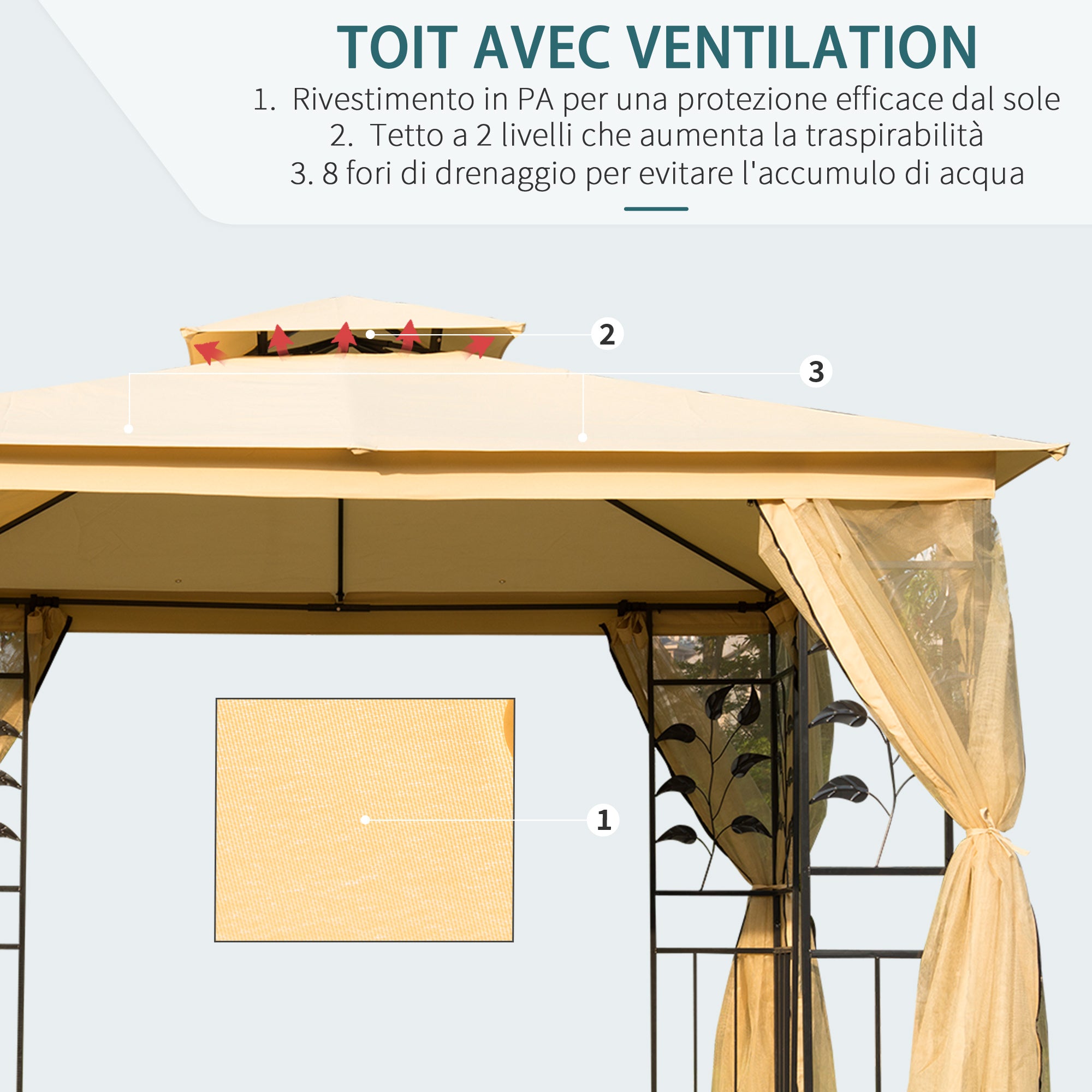 Gazebo da Giardino di Lusso 3x3m in Metallo con Zanzariera Panna