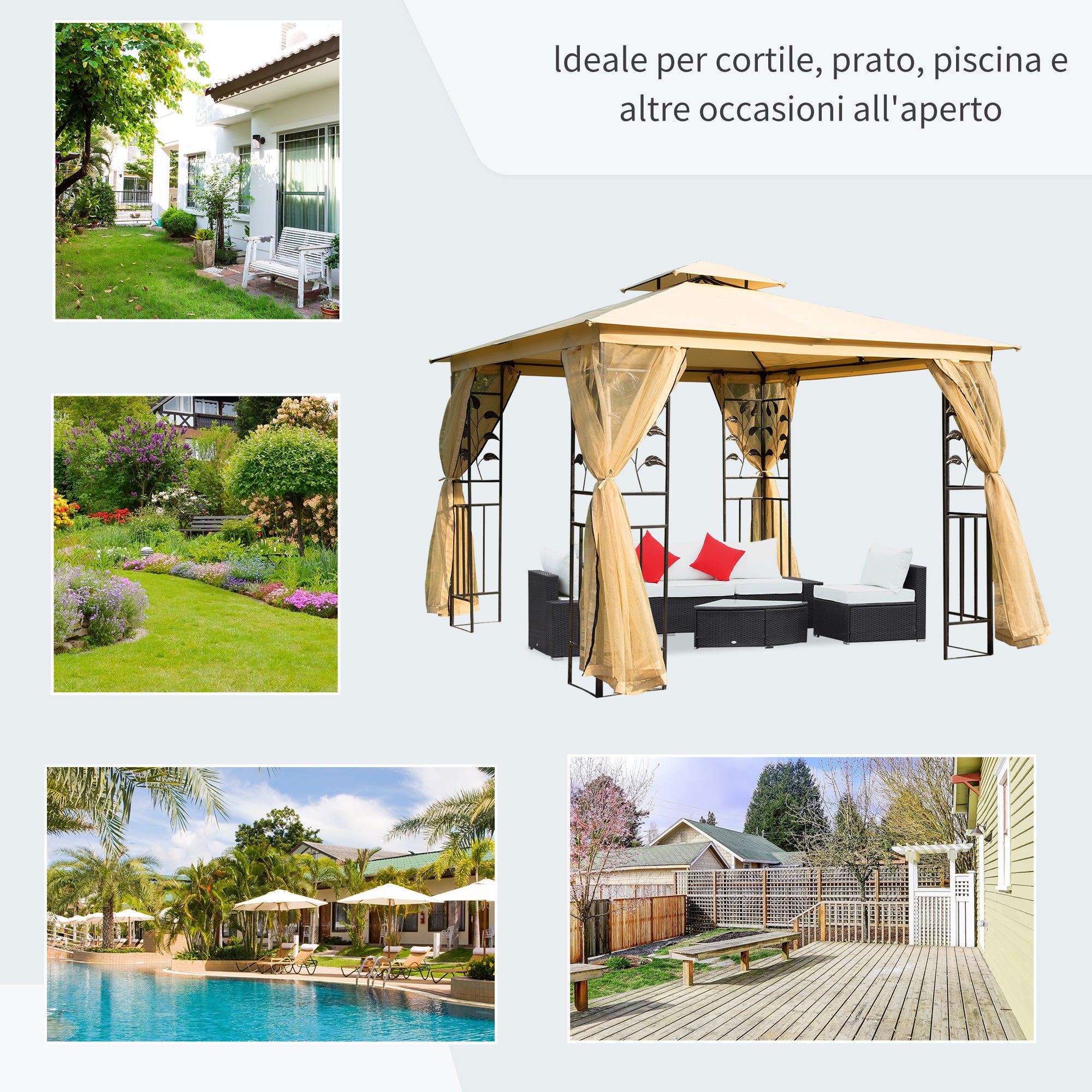 Gazebo da Giardino di Lusso 3x3m in Metallo con Zanzariera Panna