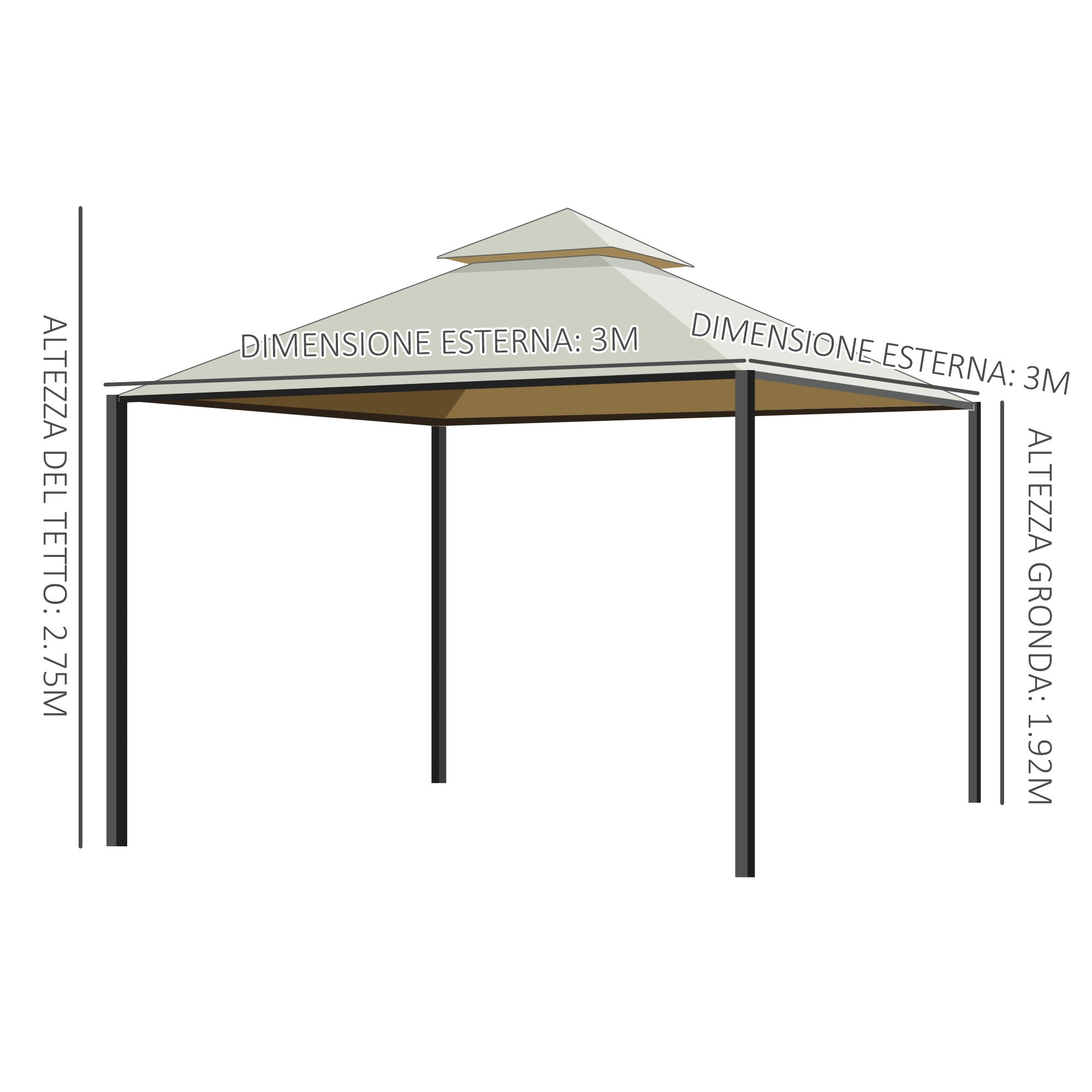 Gazebo da Giardino Impermeabile con Pannelli Laterali Beige 3x3m