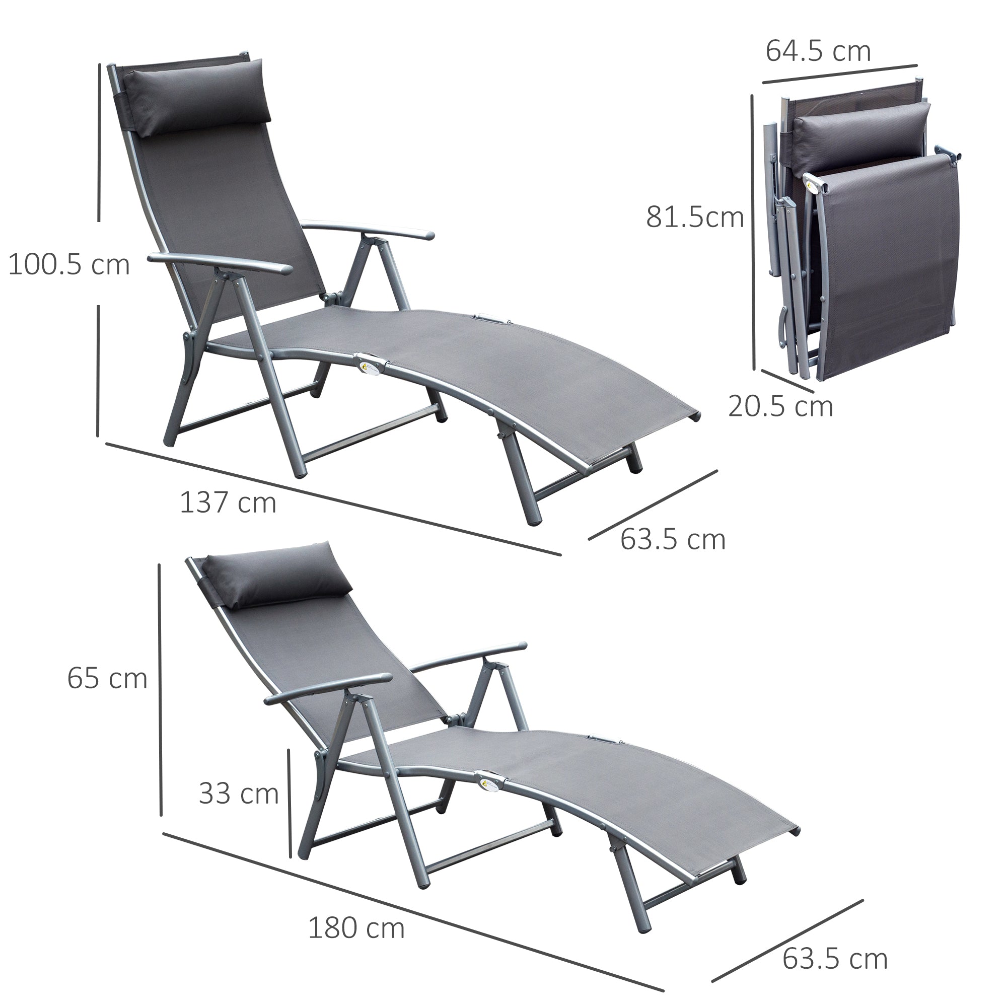 Lettino Prendisole Relax Pieghevole Telaio in Metallo Grigio 137x63.5x100.5 cm