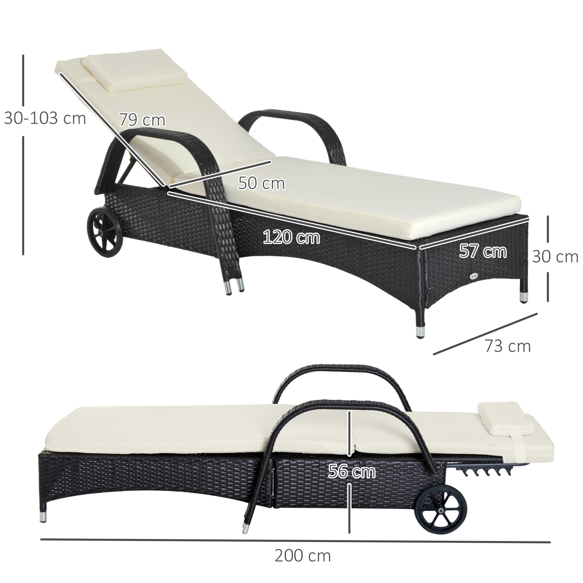 Lettino da Giardino Reclinabile in Rattan Sintetico con Materassino Imbottito e Ruote Nero