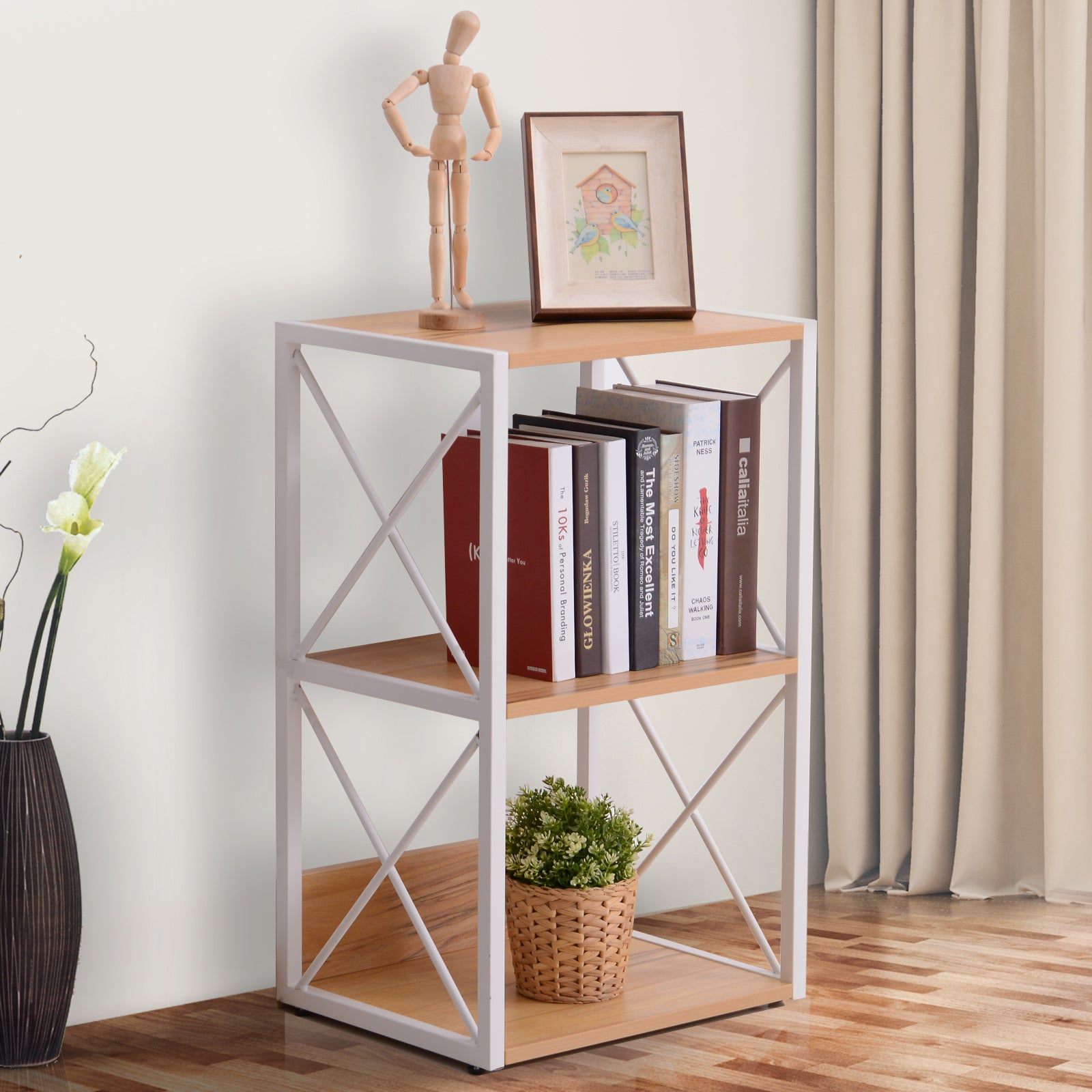 Libreria Scaffale 3 Ripiani con Struttura in Acciaio Bianco e Ripiani in Legno 40x35x72.5 cm