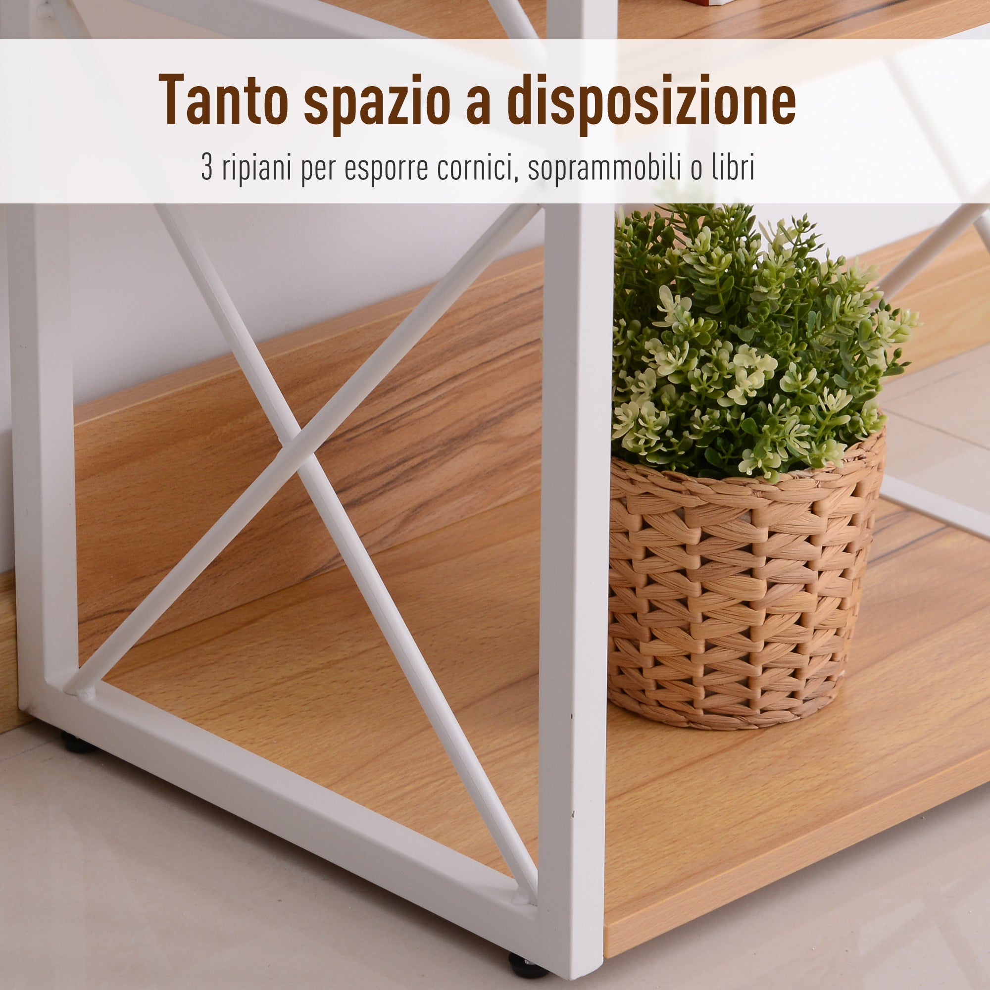 Libreria Scaffale 3 Ripiani con Struttura in Acciaio Bianco e Ripiani in Legno 40x35x72.5 cm