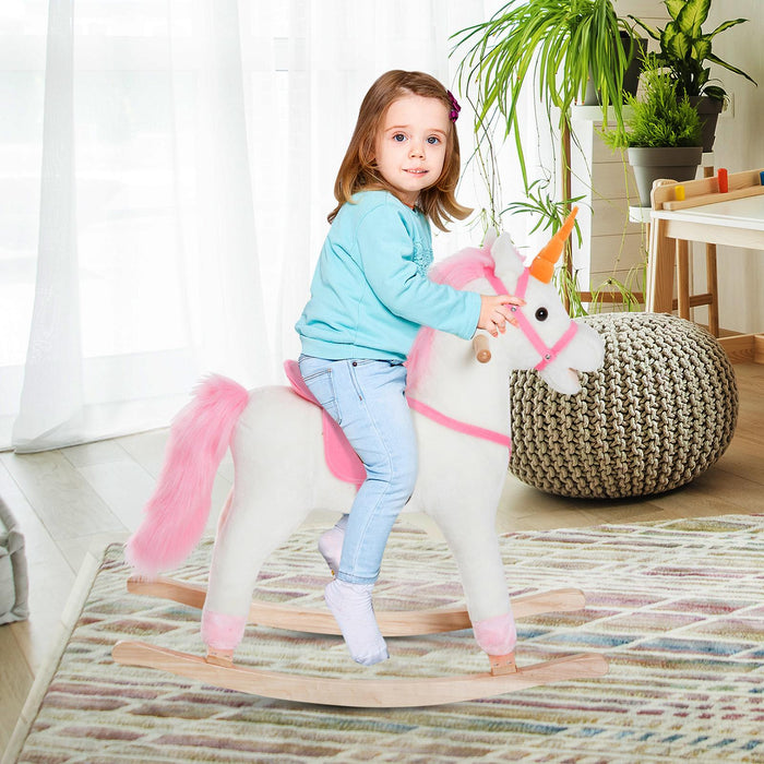 Dondolo per Bambini in Legno Unicorno Cavalcabile Bianco e Rosa