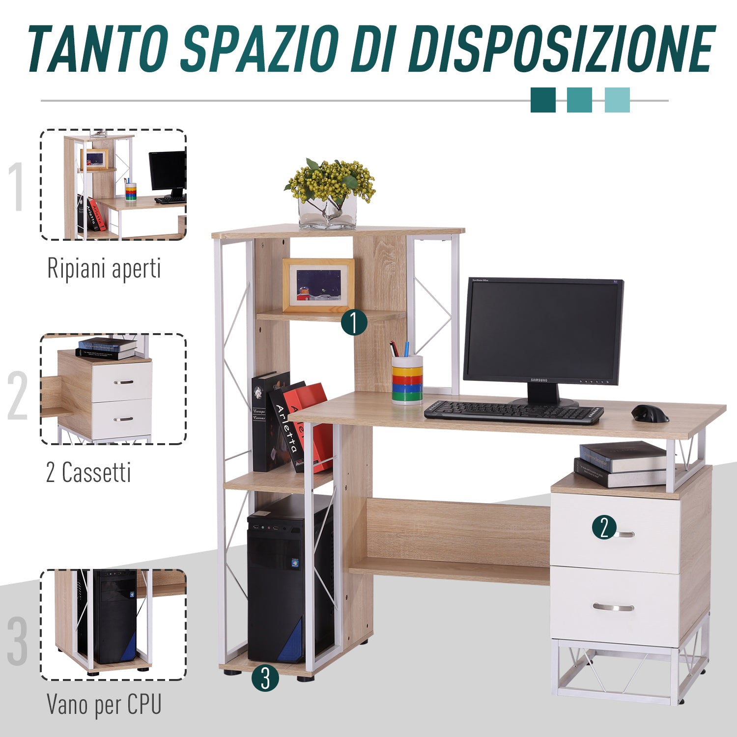 Scrivania da Ufficio Porta PC con Scaffale 133x55x123 cm