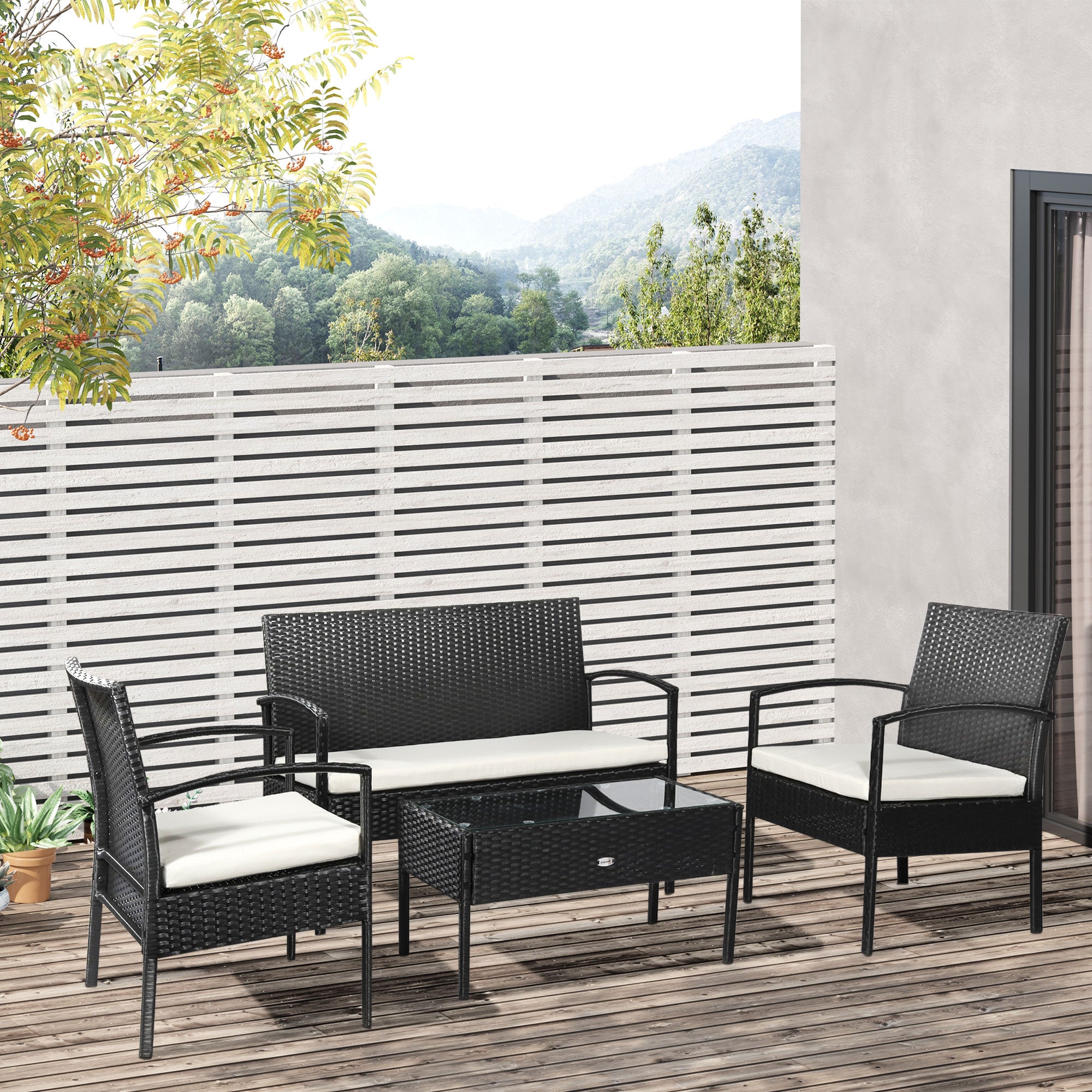 Set Salotto da Giardino in Rattan Sintetico Tavolino 2 Poltrone e Divano con Cuscini Nero