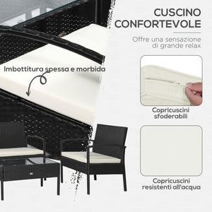 Set Salotto da Giardino in Rattan Sintetico Tavolino 2 Poltrone e Divano con Cuscini Nero